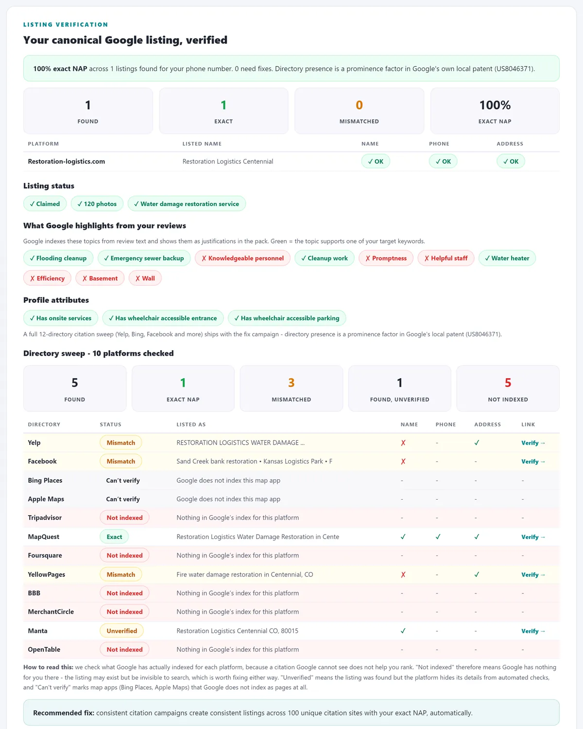 Local citation audit and NAP consistency check