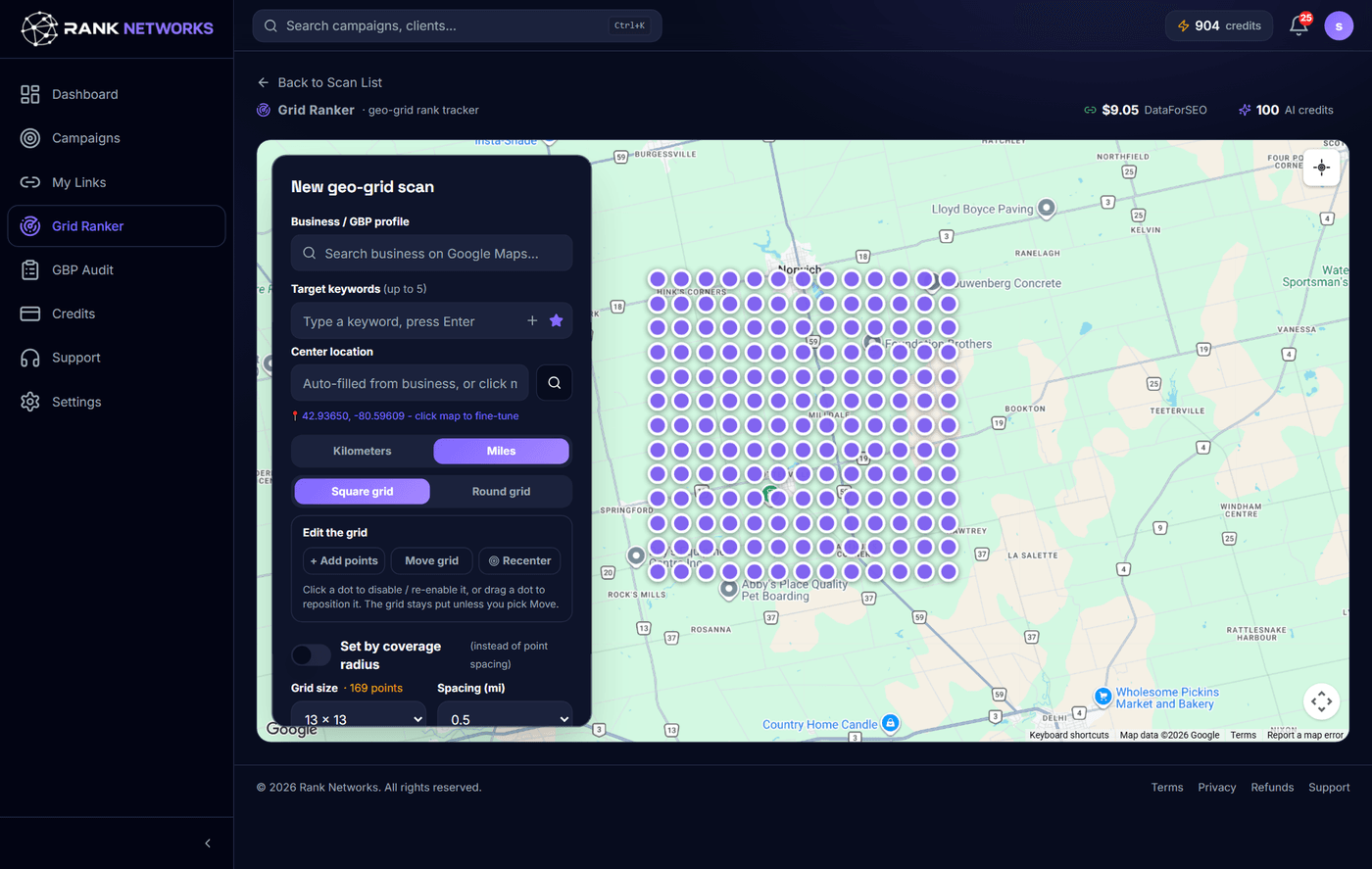 Designing a 13x13 geo grid over a service area in Grid Ranker