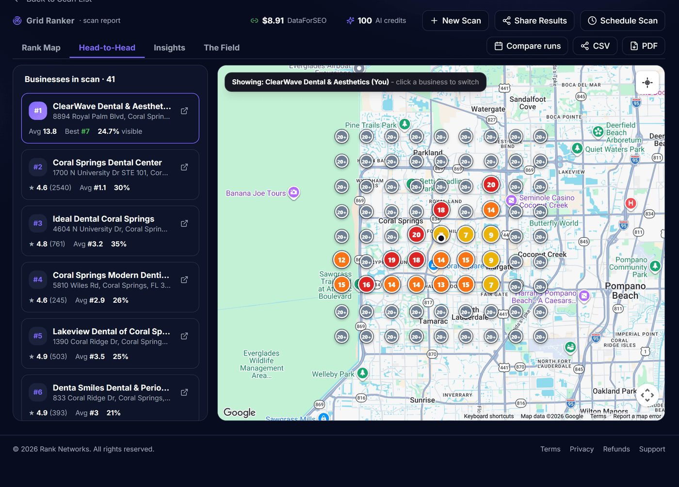 Grid Ranker Head-to-Head view comparing your rankings against a specific competitor on the map