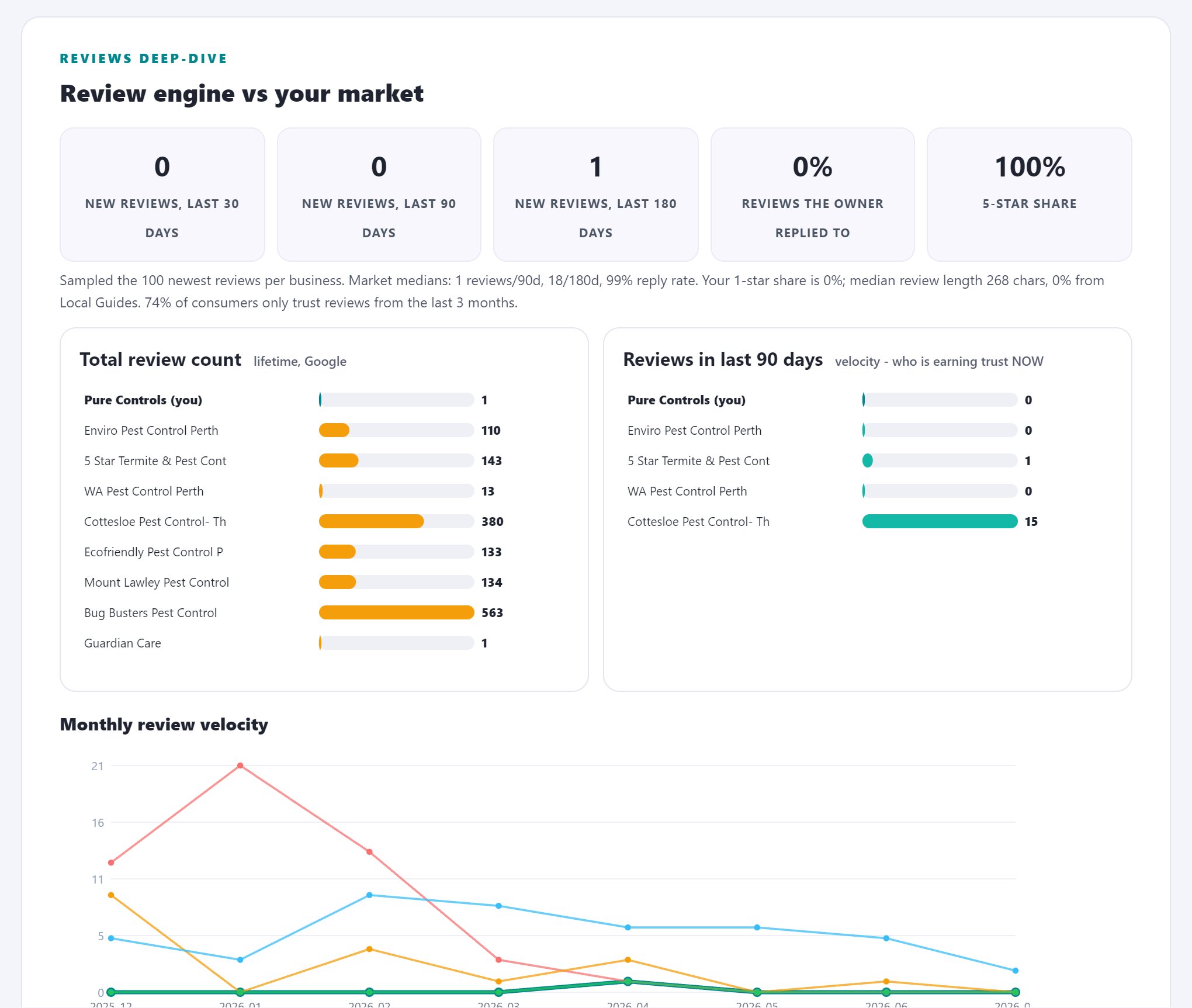 Review engine section of the audit report: monthly review velocity chart and reviews versus top-3 wins bubble chart comparing the business to its market