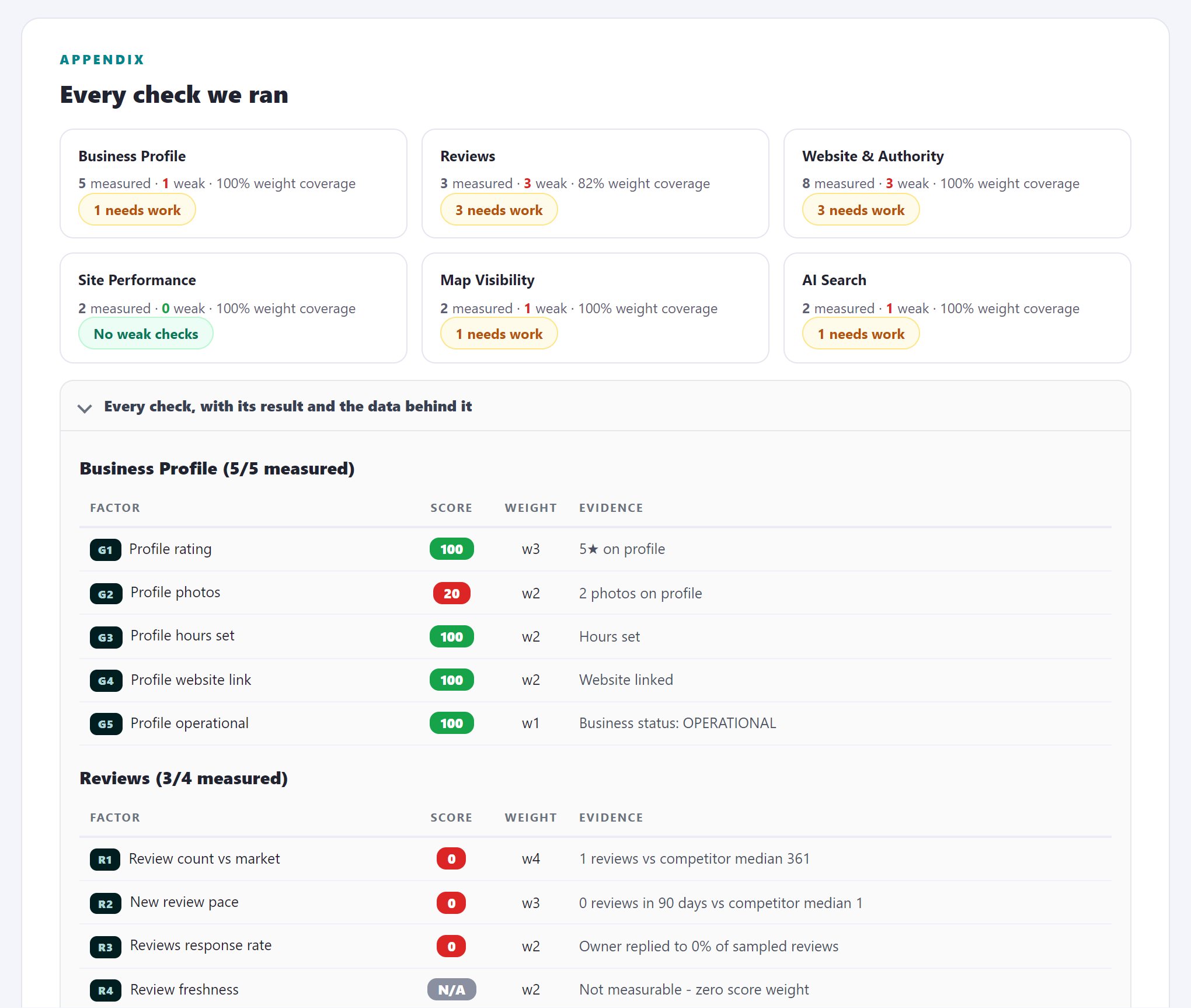 Audit report evidence appendix: all completed checks, organized by pillar, showing measured coverage for each group