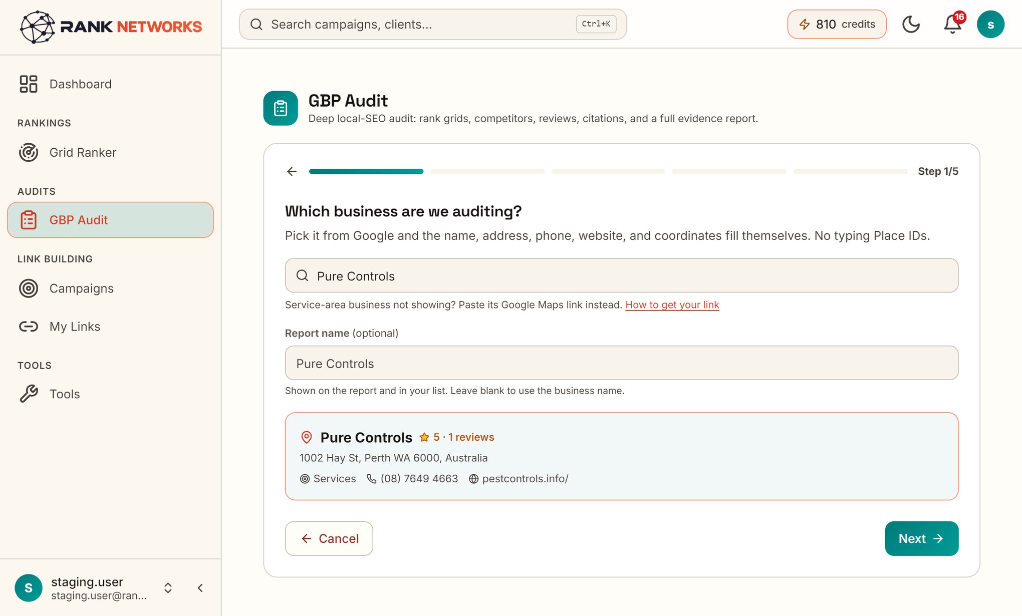Audit wizard step 1: enter a business name and city to search, with Google auto-filling the profile information