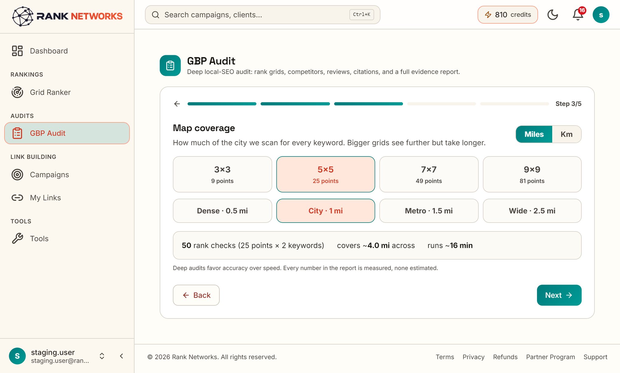 Audit wizard step 3: map coverage settings with the scan grid displayed across the business service area