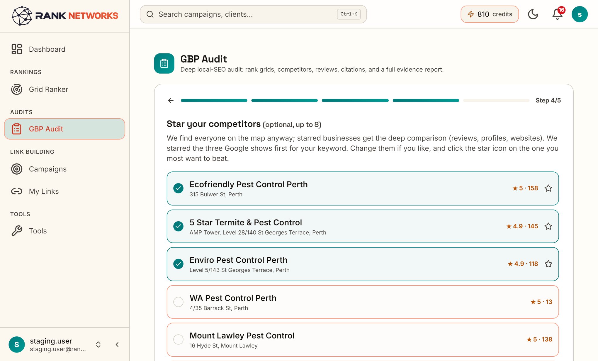 Audit wizard step 4: nearby competitors appear, with the top three from Google highlighted first for direct comparison