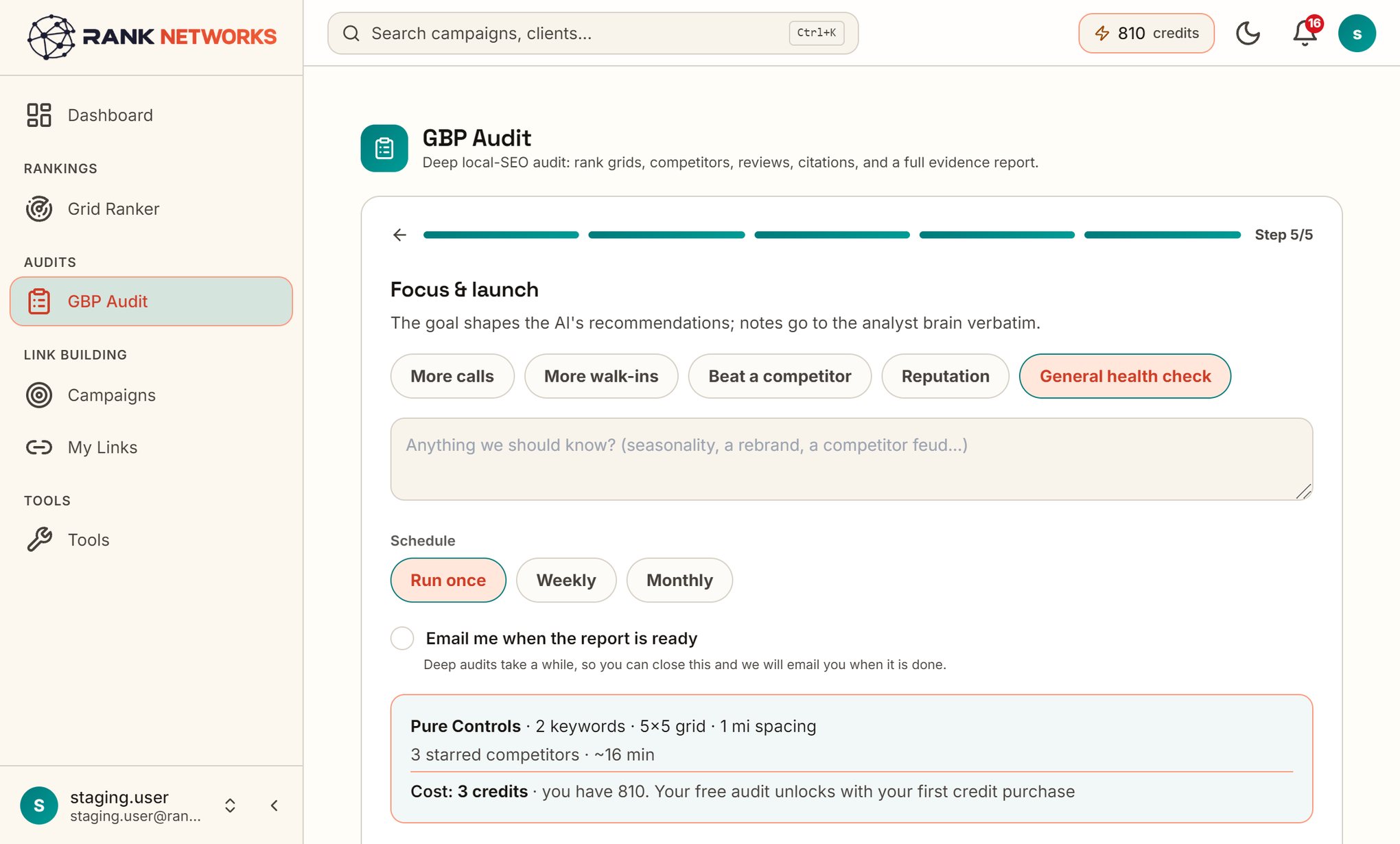 Audit wizard step 5: summary and confirmation screen before starting the audit