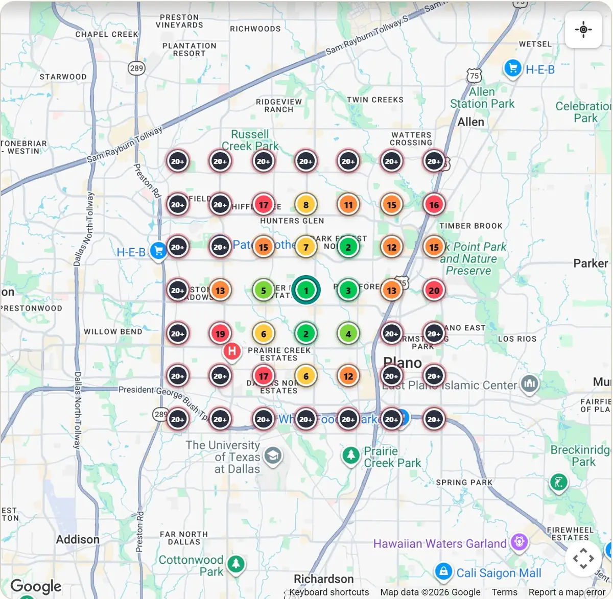 Ranking map for 'dentist near me' in a Texas suburb, showing high rankings close to the office and lower rankings farther out