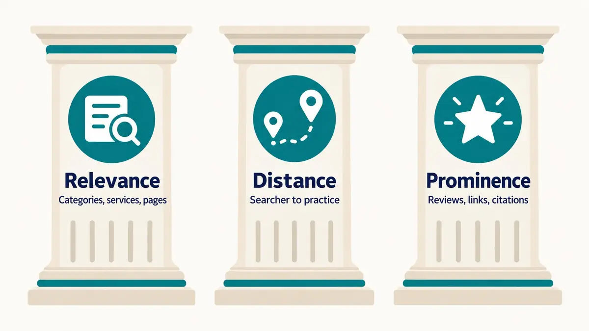 Diagram showing three pillars labeled relevance, distance, and prominence, representing the main local ranking factors