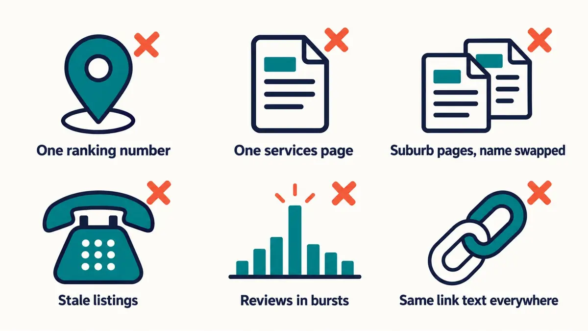 Six icons with crosses illustrating common dental SEO mistakes