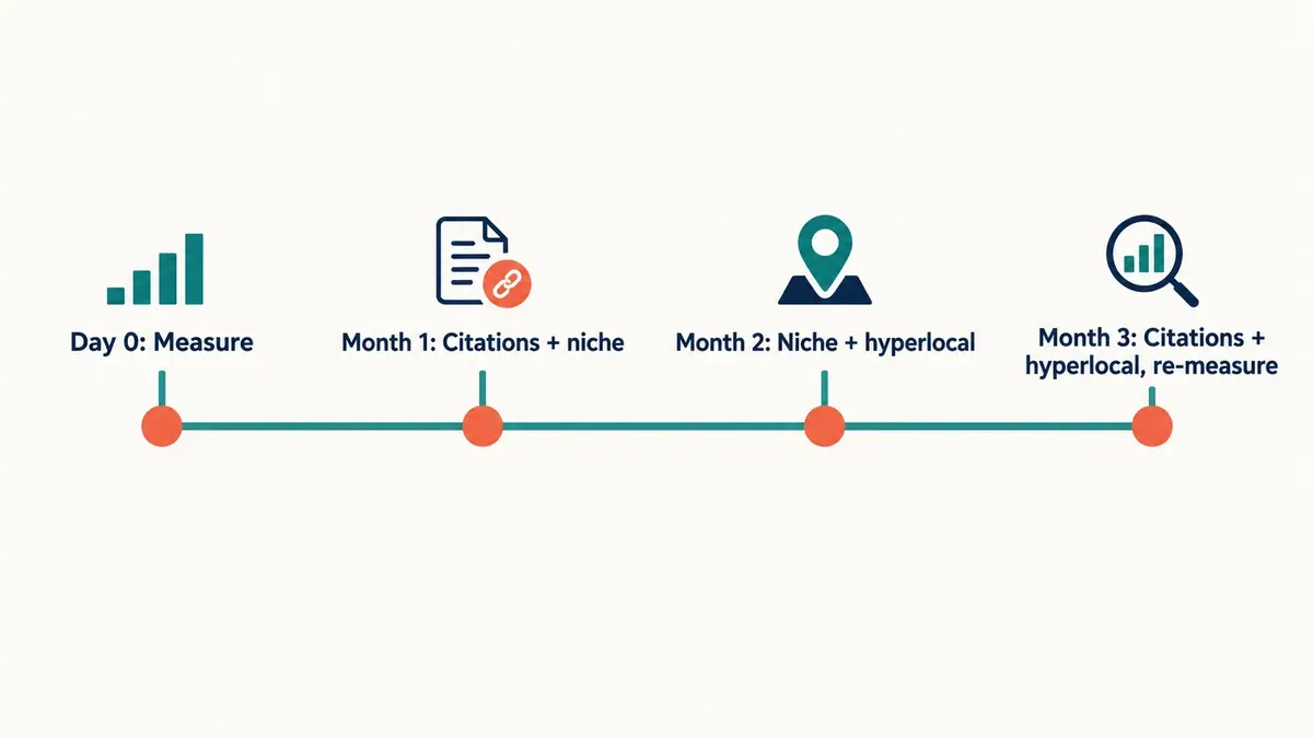 Timeline with four milestones: day 0 measurement, month 1 citations and niche, month 2 niche and hyperlocal, month 3 citations and hyperlocal followed by new measurement