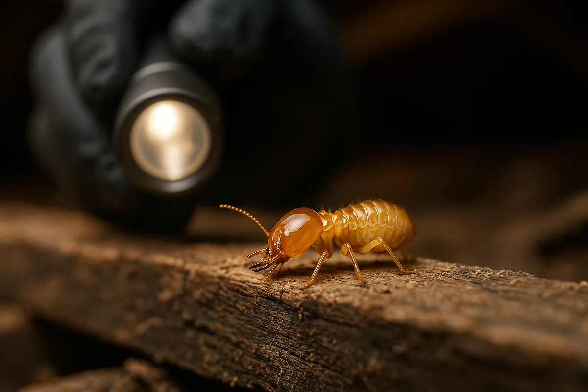 Close-up of a termite on a timber beam in a roof cavity, with a technician's torch behind it